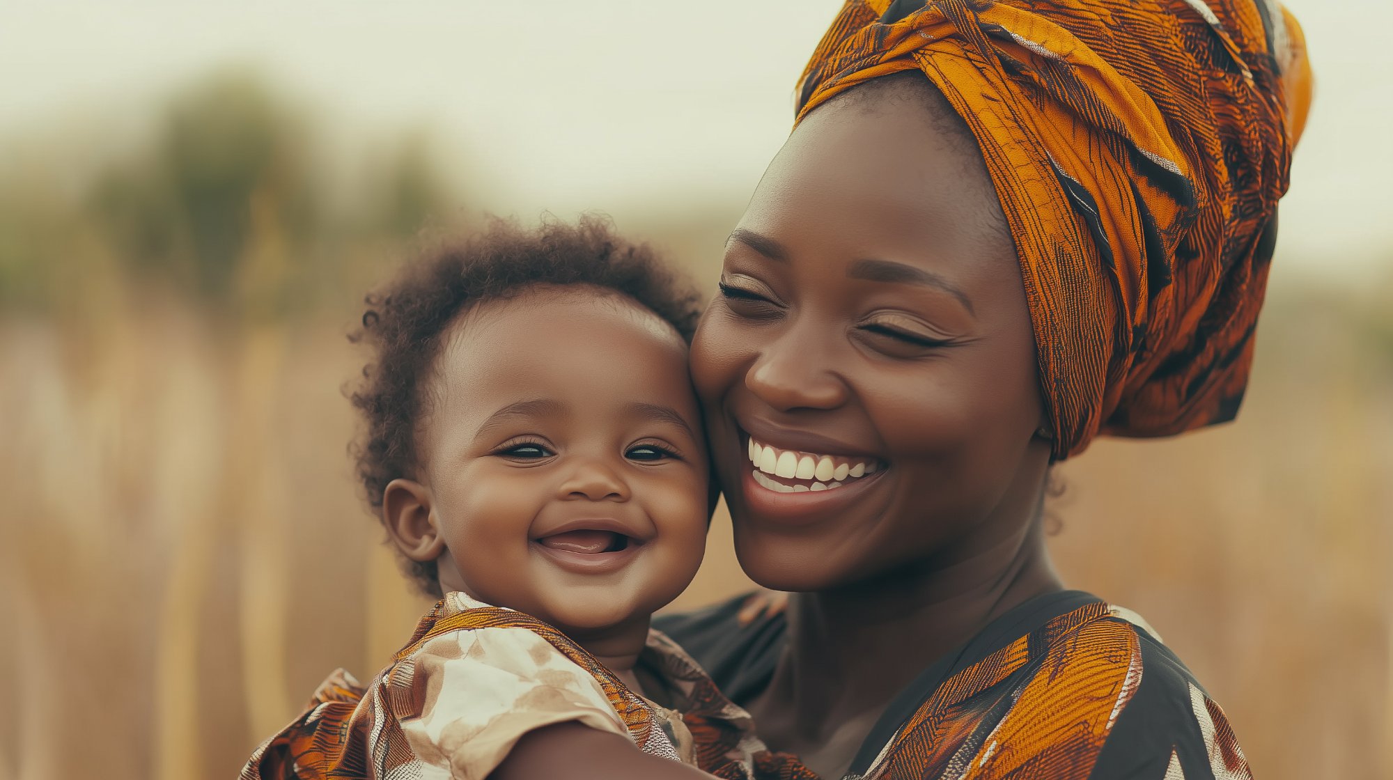 A mother in a patterned head wrap smiling and holding her baby